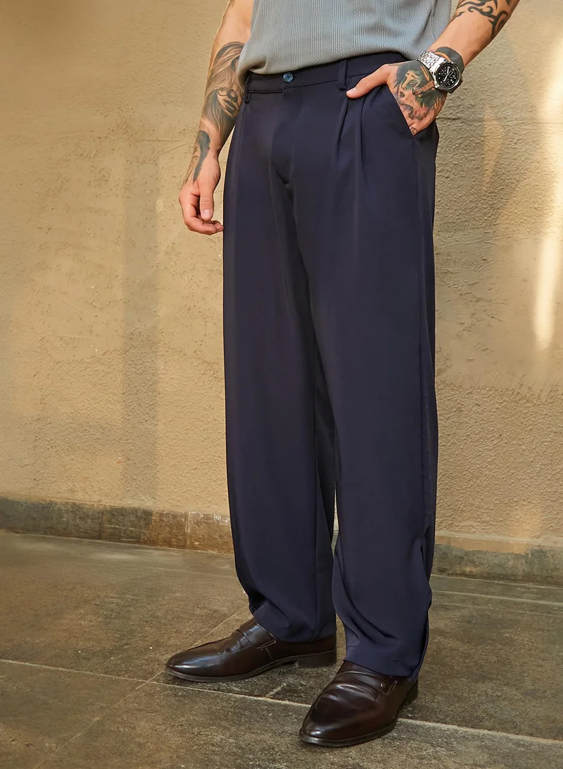 Men's Midnight Black Straight-Cuffed Pleated Trousers For Casual Wear | Mid-Rise | Straight Fit | Button Closure | Trousers Crafted With Comfort Fit For Everyday Wear